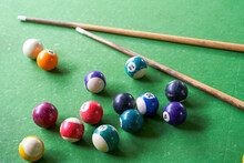 Billiards And Pool Cues On The Pool Table