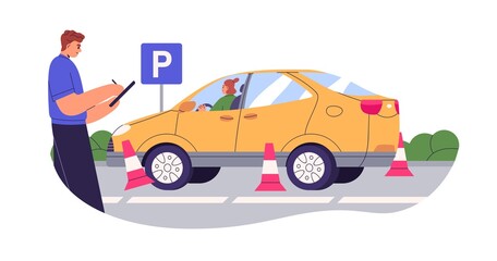 Poster - Driver beginner learning, studying behind steering wheel in car. Woman student passing exam, parking lesson with instructor in driving school. Flat vector illustration isolated on white background