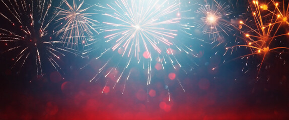 Wall Mural - abstract black, red and gold glitter background with fireworks. christmas eve, 4th of july holiday concept