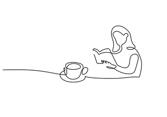 Wall Mural - One continuous single line of hand drawn with girl reading book drinking coffee isolated on white background.