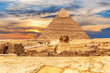 The Great Sphinx and the Pyramid of Chephren at sunset, Giza, Egypt