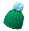 canvas print picture - Green winter wool cap with light blue pom poms, isolated on white