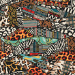 Traditional african fabric and wild animal skins patchwork abstract vector seamless pattern