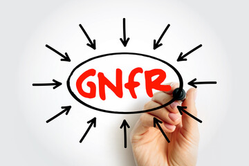Aufkleber - GNFR - Goods Not For Resale acronym text with arrows, business concept for presentations and reports