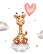 Cute giraffe with balloon sittig on cloud; watercolor hand drawn illustration; with white isolated background
