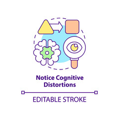 Sticker - Notice cognitive distortions concept icon. Find thoughts patterns. Adaptability tip abstract idea thin line illustration. Isolated outline drawing. Editable stroke. Arial, Myriad Pro-Bold fonts used