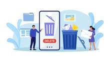 People Cleaning Mobile Phone From Trash Files. Man And Woman Deleting Documents With Software. User Removing Folder With Document, Mail, Spam To Waste Bin, Cleansing Cache