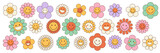 Groovy flower cartoon characters. Funny happy daisy with eyes and smile. Sticker pack in trendy retro trippy style. Isolated vector illustration. Hippie 60s, 70s style.