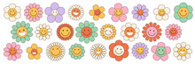 Groovy Flower Cartoon Characters. Funny Happy Daisy With Eyes And Smile. Sticker Pack In Trendy Retro Trippy Style. Isolated Vector Illustration. Hippie 60s, 70s Style.