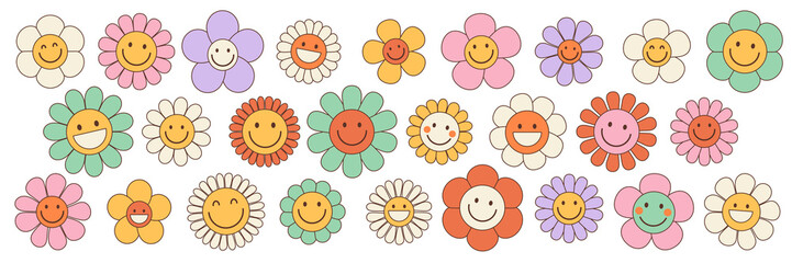 Wall Mural - Groovy flower cartoon characters. Funny happy daisy with eyes and smile. Sticker pack in trendy retro trippy style. Isolated vector illustration. Hippie 60s, 70s style.