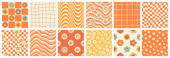Wall Mural - Groovy seamless patterns with funny happy daisy, wave, chess, mesh, rainbow. Set of vector backgrounds in trendy retro trippy style. Hippie 60s, 70s style. Yellow, orange, beige colors.