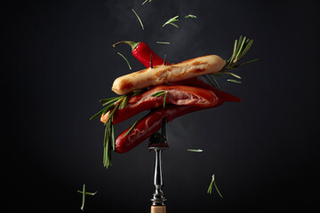 Wall Mural - Various sausages with rosemary, and hot pepper.