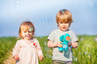 © Sergey Novikov - Toddler girl and blond boy brother play with soap bubble gun