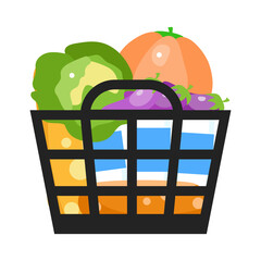 Poster - Shopping basket with products semi flat color vector object. Grocery store visit. Full sized item on white. Buying vegetables. Simple cartoon style illustration for web graphic design and animation