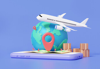 Poster - Package via airplane delivery worldwide and stack parcels box with logistics transportation service concept. navigation mobile phone, import Integrated warehousing. 3d render illustration