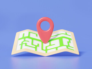 Fototapete - Minimal cartoon mark pin pointer and map location search GPS, travel navigation concept. paper map, banner, transport, on pastel background. 3d render illustration