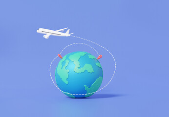 Poster - Cartoon minimal. tourism plane trip planning worldwide tour with mark map pin earth location. travel leisure touring holiday summer concept. 3d rendering illustration.