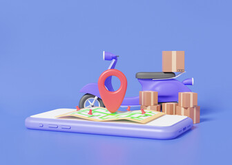 Poster - Online delivery parcels box concept. Motorcycle scooter navigation mobile phone pin pointer mark location and office shipping. map service express trunking on purple pastel background. 3d rendering