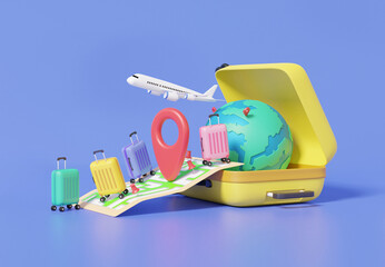 Poster - Pin location suitcase and map minimal cartoon flight airplane travel tourism plane trip planning world tour luggage with leisure touring holiday summer concept. navigation. 3d render illustration