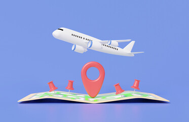 Poster - Travel navigation concept. Flight airplane delivery mark pin pointer and map location search GPS, paper map, banner, transport, logistic, on pastel background. 3d render illustration