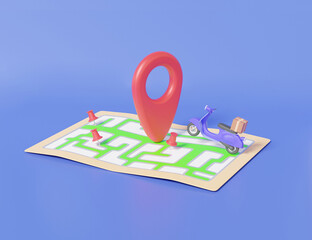 Poster - Package via motorcycle scooter delivery and parcels box with logistics transportation service concept. isometric navigation pin pointer mark location on purple background. minimal cartoon. 3d render