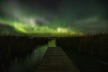 watching an amazing show of the northern lights from a dock on a frozen lake in northwest ontario, c