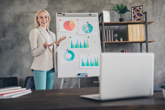 Photo of attractive business lady white board graphics speak communicate partners web camera workplace indoors