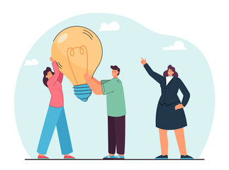 Poster - team of employees giving light bulb for businesswoman. tiny man and woman sharing creative business 