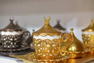 Traditional turkish ornate metal tray in the gift shop