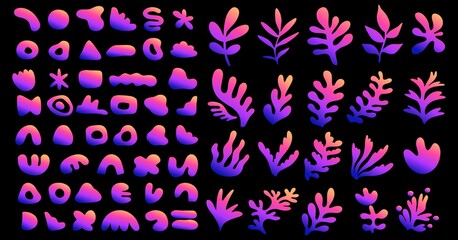 Wall Mural - A large set of various abstract shapes and plants in a gradient. Hand drawn doodles. Modern fashion illustration. Cartoon drawing, vector.