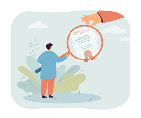Poster - Employer looking through magnifying glass at diploma of graduate. Tiny man in search of employee flat vector illustration. HR, education concept for banner, website design or landing web page