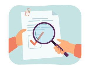 Poster - person looking at approved document through magnifier. contract with green check mark flat vector il