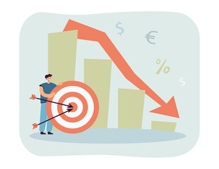 Poster - Tiny man with target and falling arrow flat vector illustration. Stock or financial market crash, recession, failure, bankruptcy concept for banner, website design or landing web page