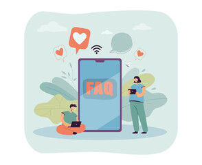 Poster - Tiny customers searching information in FAQ mobile app. Advices, answers on questions for people flat vector illustration. Support service concept for banner, website design or landing web page