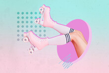 Composite Collage Picture Of Cropped Girl Legs Wear Pink Roller Skates Long Socks Isolated On Drawing Creative Background