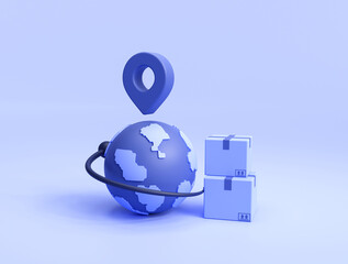 Wall Mural - Worldwide delivery world globe with Cardboard Boxes and location pointer shopping online delivery e-commerce concept on blue background 3d illustration