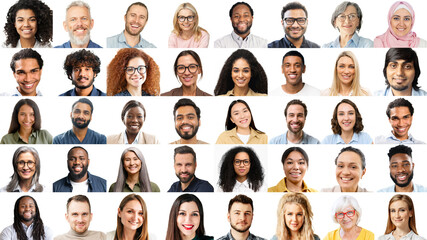 Wall Mural - Set of business persons isolated on white. Collage of diverse multiracial team looking at the camera. International employees involved virtual meeting, brainstorming online, take a part in webinar