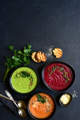 Wall Mural - Different types of vegetable soups. Top view with copy space.