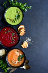 Wall Mural - Different types of vegetable soups. Top view with copy space.