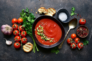 Wall Mural - Gazpacho - cold spanish tomato soup with cucumber. Top view with copy space.