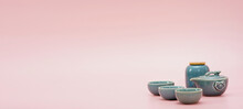 Blue Tea Set On Pink Background