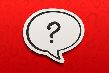 Poster - Question mark on paper speech bubble with red question cartoon pattern background. Chatting messaging communication concept. 