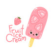 Cute vector character strawberry popsicle on a stick. Cold dessert. Summer sweetness. Lettering Fruit ice cream. Isolated on white background