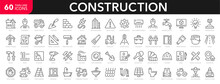 Construction Line Icons Set. Home Repair Tools Outline Icons Collection. Construction Tools, Builders And Equipment Symbols. Builder, Crane, Engineering, Equipment, Helmet, Tool, House - Stock Vector.