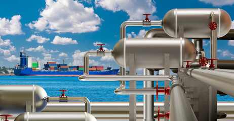 Poster - pipes and tanks in seaport. propane supplies by sea. berth for unloading liquefied natural gas. deli