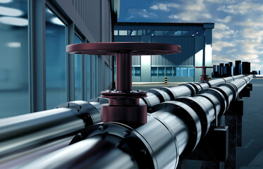 Poster - fuel pipes next to plant. supplying factory with fuel through pipe. pipeline with valve for oil or g