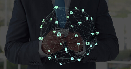 Poster - Image of network of connections with icons over men using smartphone