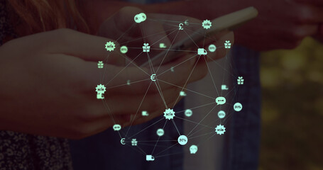 Poster - Image of network of connections with icons over women using smartphone