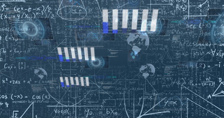 Image of mathematical equations and data processing on blue background