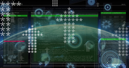 Poster - Image of arrows and diverse data over globe